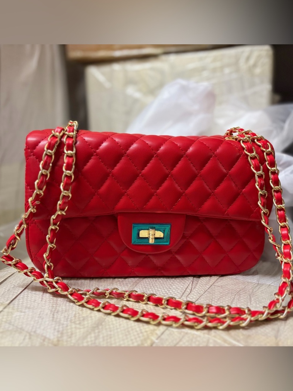 Quilted Red Chain Shoulder Bag with Gold Hardware